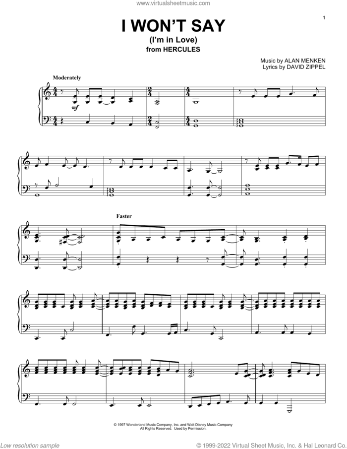 I Won't Say (I'm In Love) (from Hercules) sheet music for piano solo by Alan Menken and David Zippel, intermediate skill level