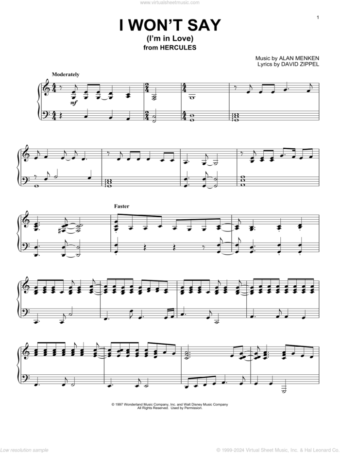 I Won't Say (I'm In Love) (from Hercules) sheet music for piano solo by Alan Menken and David Zippel, intermediate skill level