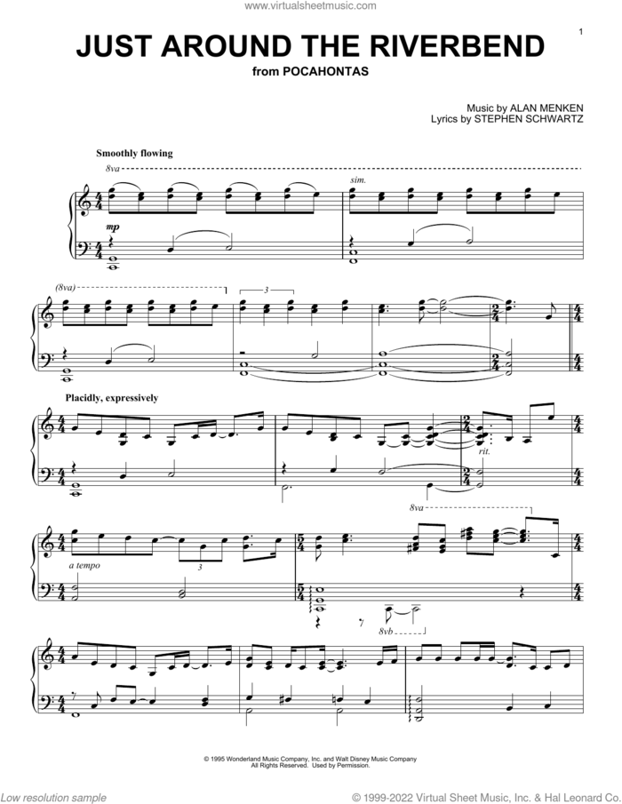 Just Around The Riverbend (from Pocahontas), (intermediate) sheet music for piano solo by Alan Menken and Stephen Schwartz, intermediate skill level