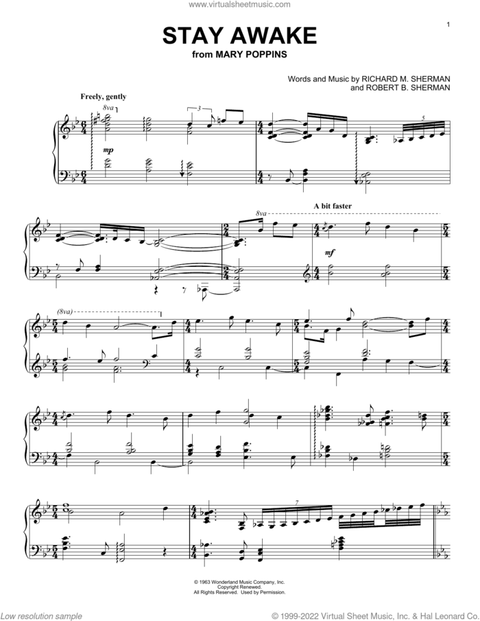 Stay Awake (from Mary Poppins) sheet music for piano solo by Sherman Brothers, Richard M. Sherman and Robert B. Sherman, intermediate skill level