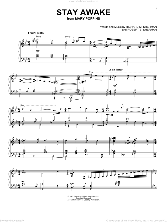 Stay Awake (from Mary Poppins) sheet music for piano solo by Sherman Brothers, Richard M. Sherman and Robert B. Sherman, intermediate skill level