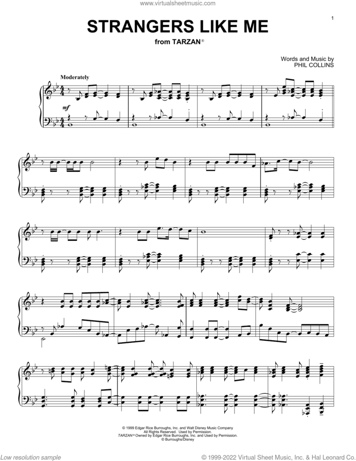 Strangers Like Me (from Disney's Tarzan) sheet music for piano solo by Phil Collins, intermediate skill level