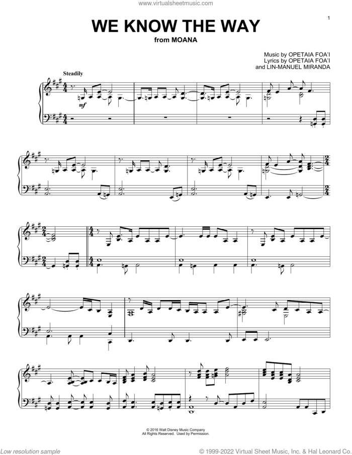 We Know The Way (from Moana) sheet music for piano solo by Opetaia Foa'i & Lin-Manuel Miranda and Lin-Manuel Miranda, intermediate skill level