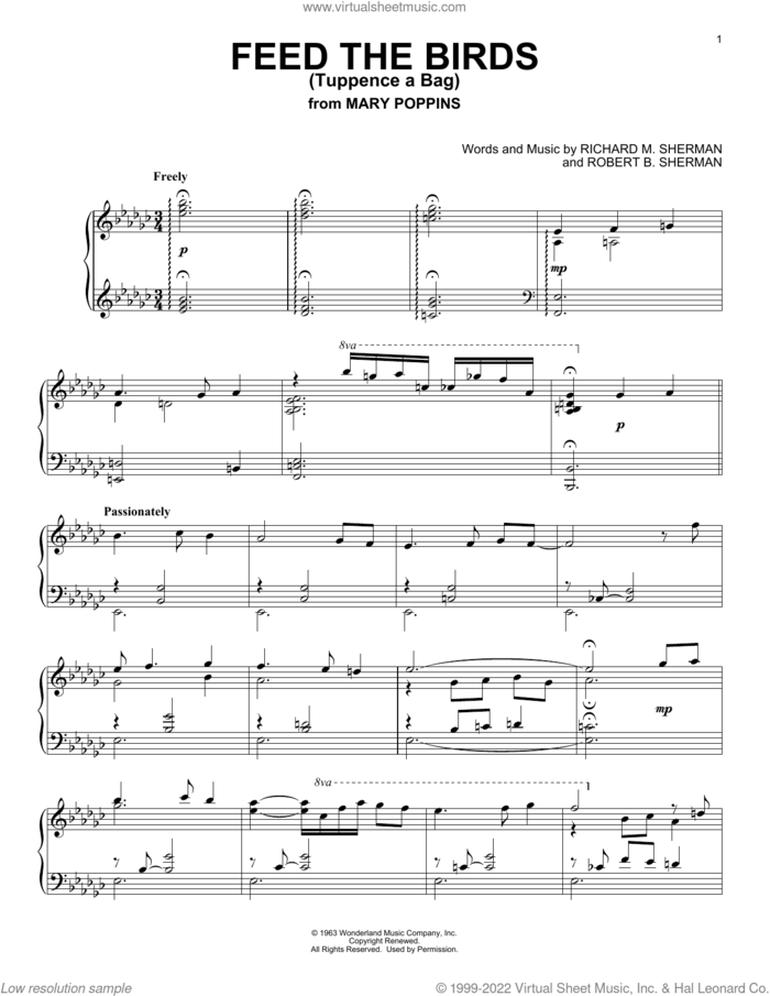 Feed The Birds (Tuppence A Bag) (from Mary Poppins), (intermediate) sheet music for piano solo by Sherman Brothers, Richard M. Sherman and Robert B. Sherman, intermediate skill level