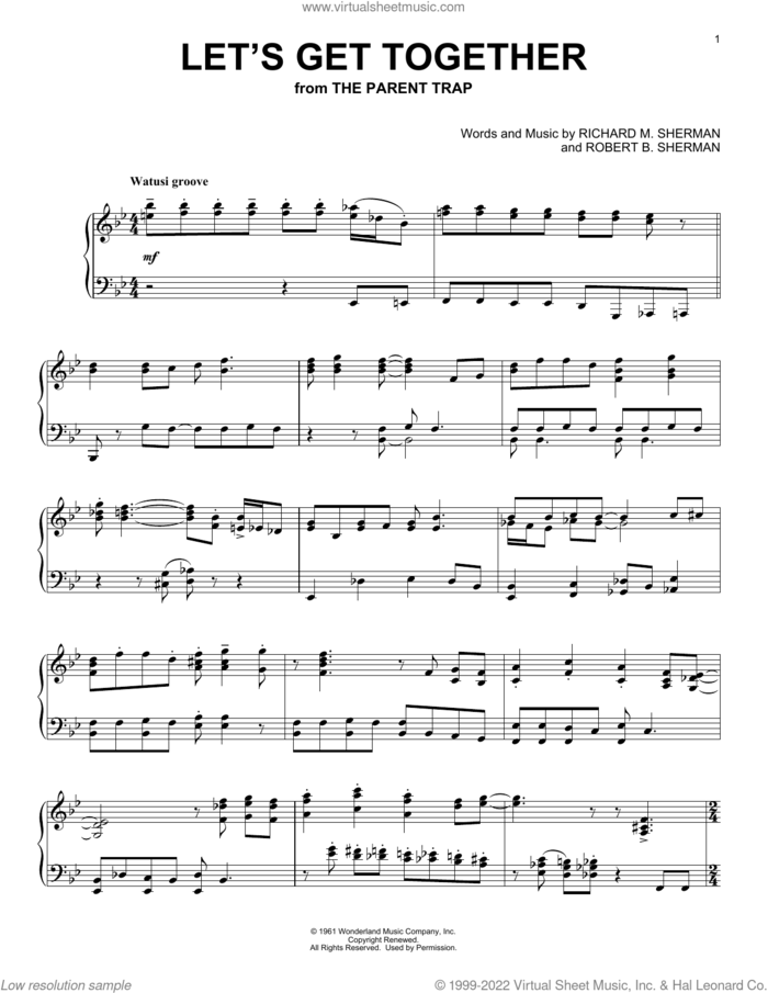 Let's Get Together (from The Parent Trap) sheet music for piano solo by Hayley Mills, Richard M. Sherman and Robert B. Sherman, intermediate skill level