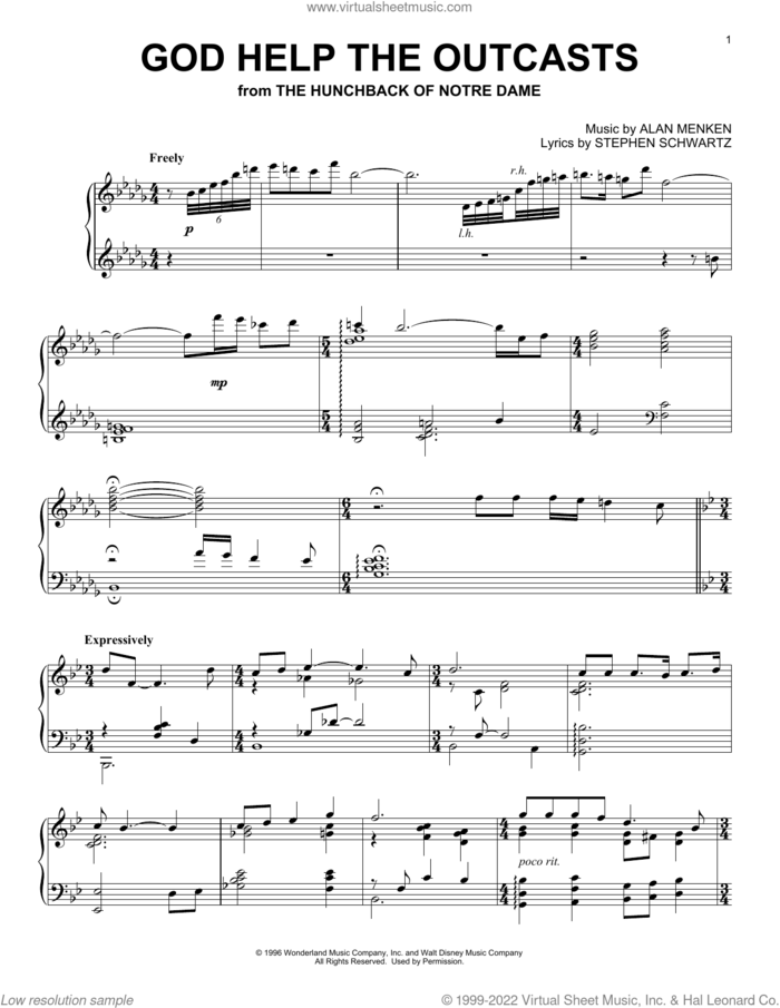 God Help The Outcasts (from The Hunchback Of Notre Dame) sheet music for piano solo by Bette Midler, Alan Menken and Stephen Schwartz, intermediate skill level
