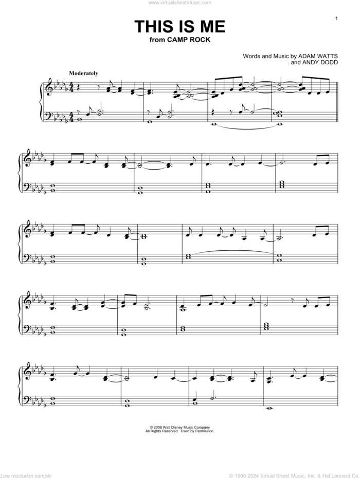 This Is Me (from Camp Rock) sheet music for piano solo by Demi Lovato & Joe Jonas, Adam Watts and Andy Dodd, intermediate skill level