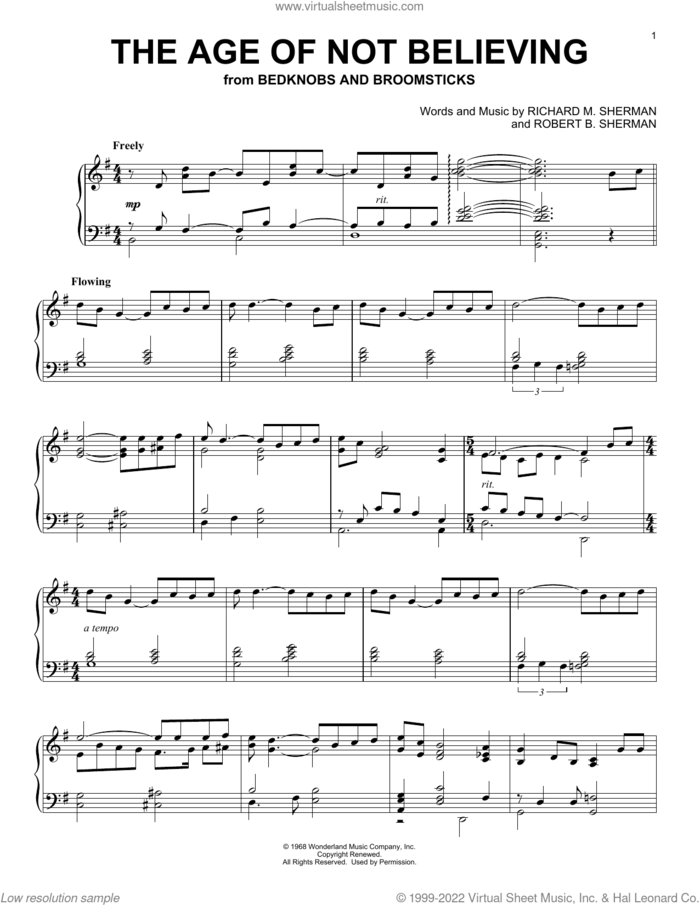 The Age Of Not Believing (from Bedknobs And Broomsticks) sheet music for piano solo by Angela Lansbury, Richard M. Sherman and Robert B. Sherman, intermediate skill level