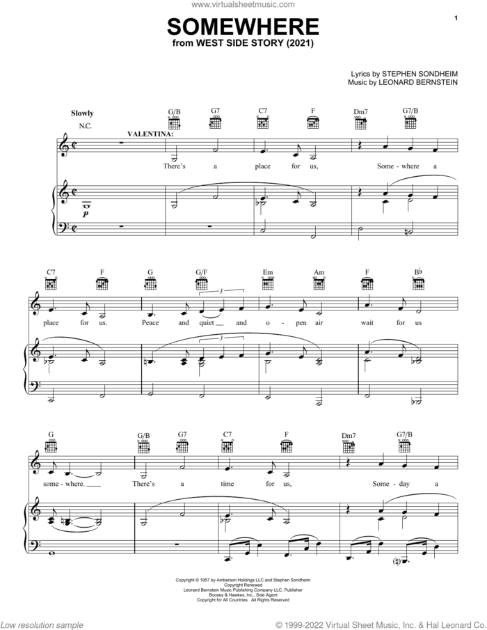 Somewhere (from West Side Story 2021) sheet music for voice, piano or guitar by Stephen Sondheim & Leonard Bernstein, Leonard Bernstein and Stephen Sondheim, intermediate skill level