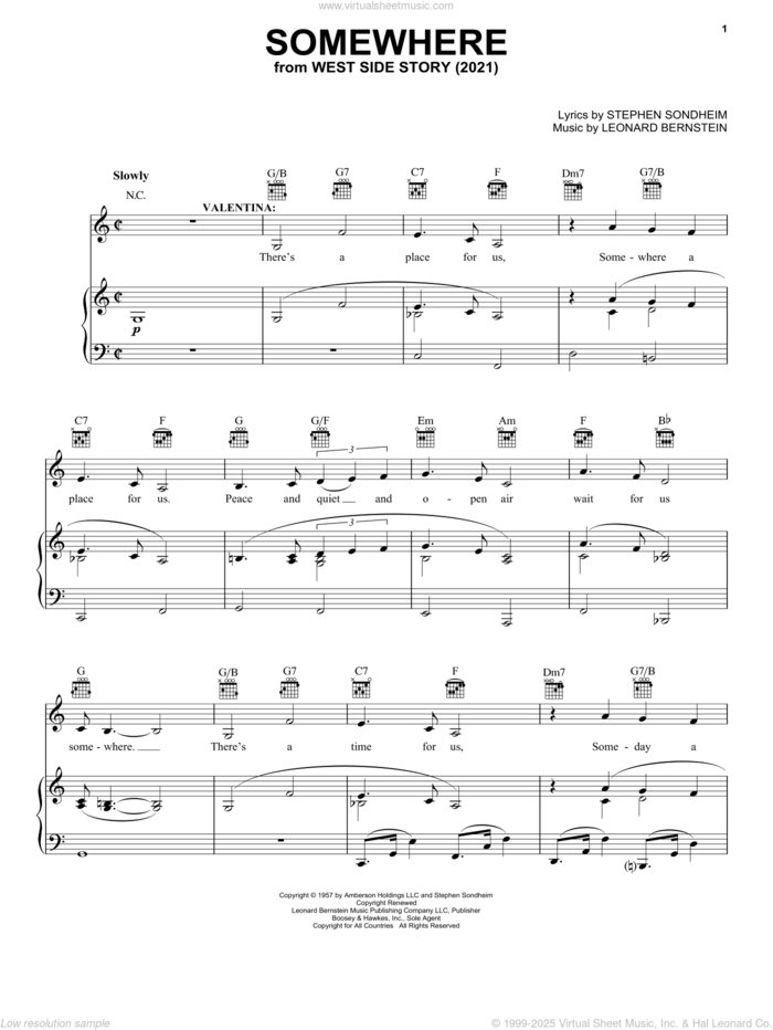 Somewhere (from West Side Story 2021) sheet music for voice, piano or guitar by Stephen Sondheim & Leonard Bernstein, Leonard Bernstein and Stephen Sondheim, intermediate skill level