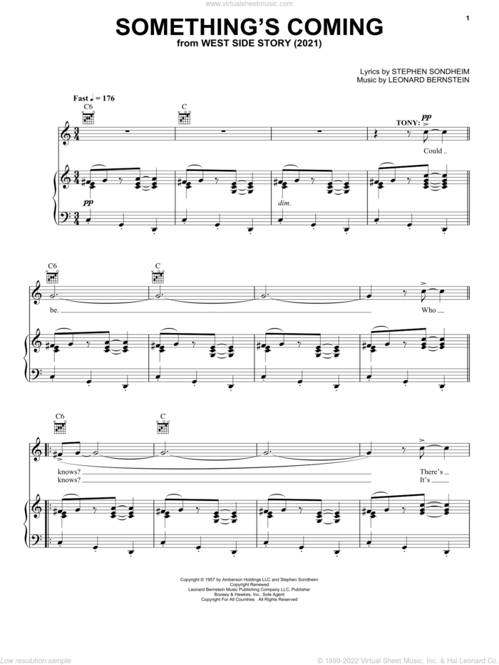 Something's Coming (from West Side Story 2021) sheet music for voice, piano or guitar by Stephen Sondheim & Leonard Bernstein, Leonard Bernstein and Stephen Sondheim, intermediate skill level