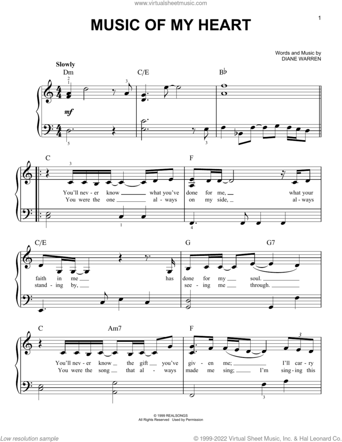 Music Of My Heart sheet music for piano solo by *NSYNC & Gloria Estefan and Diane Warren, easy skill level