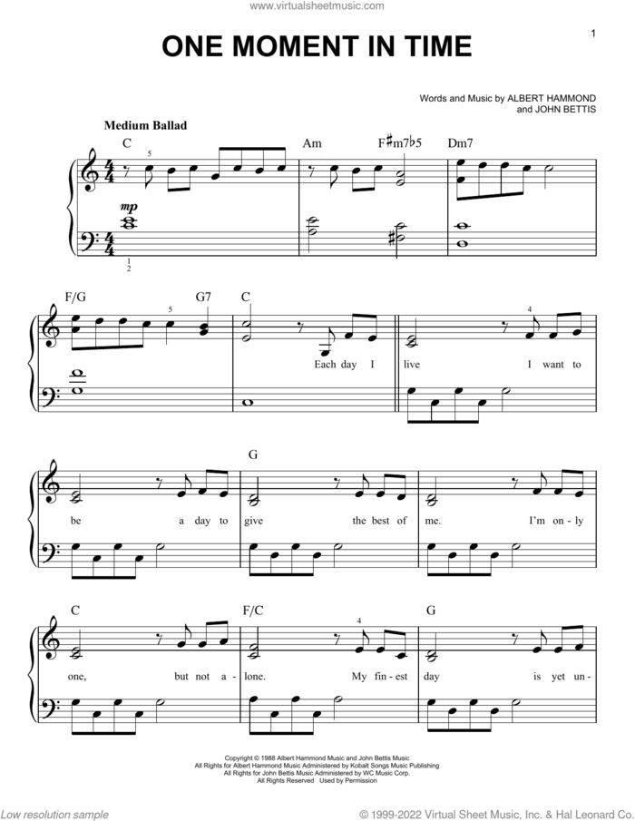 One Moment In Time sheet music for piano solo by Whitney Houston, Albert Hammond and John Bettis, easy skill level