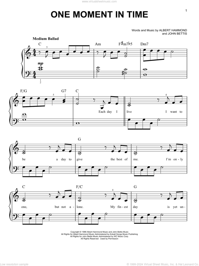 One Moment In Time sheet music for piano solo by Whitney Houston, Albert Hammond and John Bettis, easy skill level