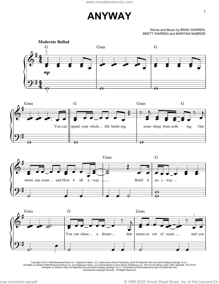 Anyway sheet music for piano solo by Martina McBride, Brad Warren and Brett Warren, easy skill level