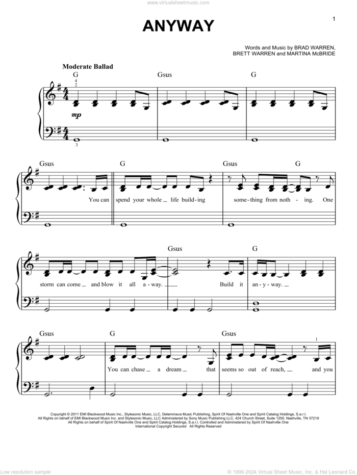 Anyway sheet music for piano solo by Martina McBride, Brad Warren and Brett Warren, easy skill level