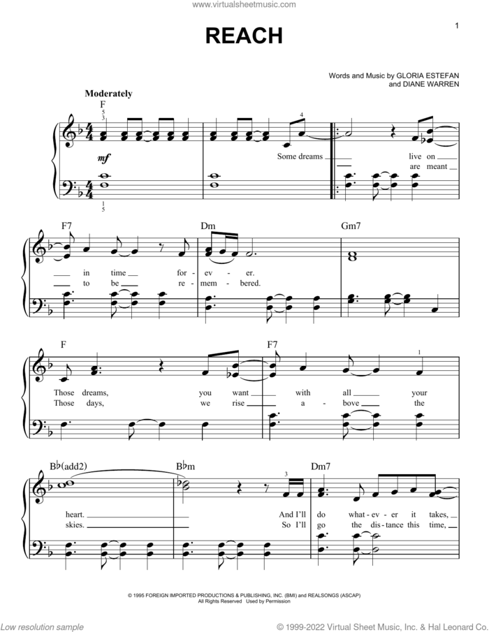 Reach sheet music for piano solo by Gloria Estefan and Diane Warren, easy skill level