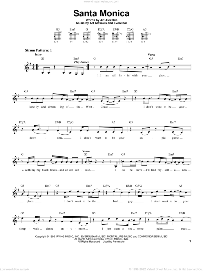 Santa Monica sheet music for guitar solo (chords) by Everclear and Art Alexakis, easy guitar (chords)