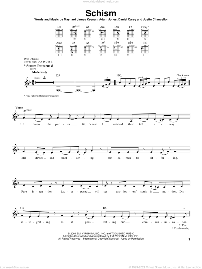 Schism sheet music for guitar solo (chords) by Tool, Adam Jones, Daniel Carey and Maynard James Keenan, easy guitar (chords)