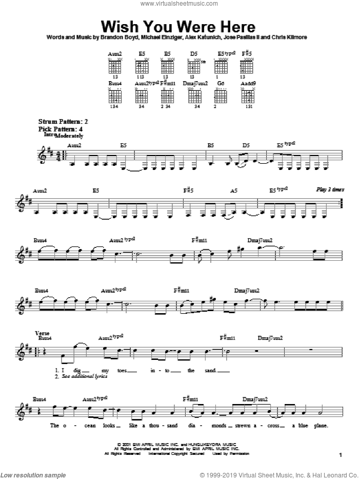 Wish You Were Here sheet music for guitar solo (chords) by Incubus, Alex Katunich, Brandon Boyd and Michael Einziger, easy guitar (chords)