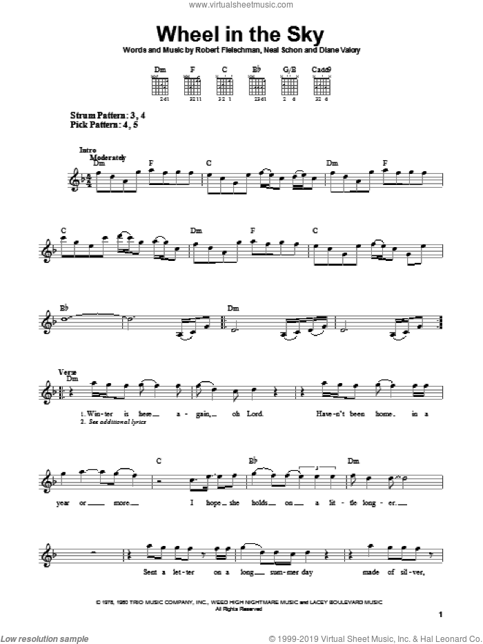 Wheel In The Sky sheet music for guitar solo (chords) by Journey, Diane Valory, Neal Schon and Robert Fleischman, easy guitar (chords)