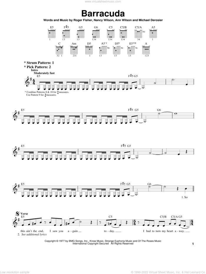 Barracuda sheet music for guitar solo (chords) by Heart, Ann Wilson, Nancy Wilson and Roger Fisher, easy guitar (chords)