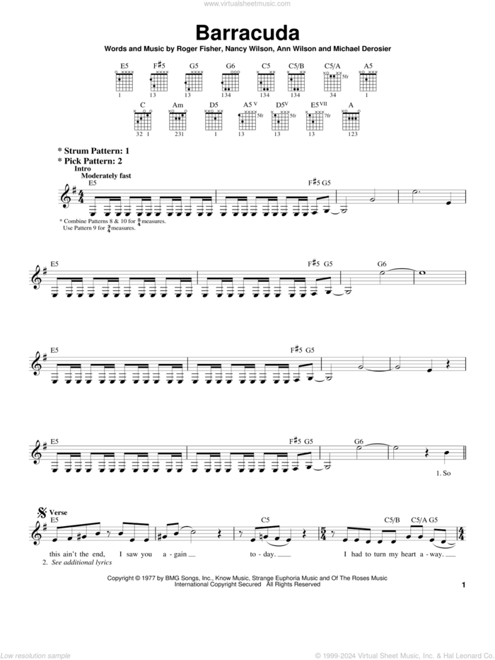 Barracuda sheet music for guitar solo (chords) by Heart, Ann Wilson, Nancy Wilson and Roger Fisher, easy guitar (chords)