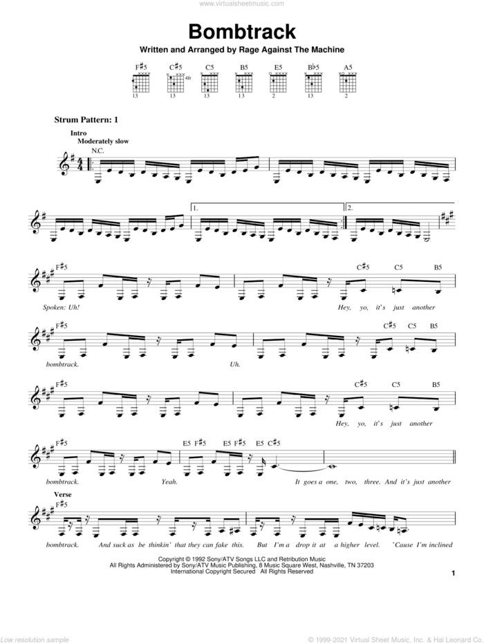 Bombtrack sheet music for guitar solo (chords) by Rage Against The Machine, easy guitar (chords)