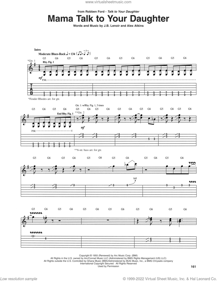 Mama Talk To Your Daughter sheet music for guitar (tablature) by Robben Ford, Alex Atkins and J.B. Lenoir, intermediate skill level
