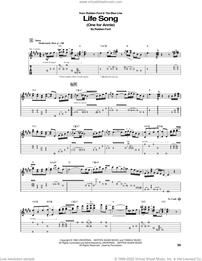 Life Song (One For Annie) sheet music for guitar (tablature) by Robben Ford, intermediate skill level