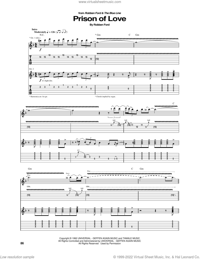 Prison Of Love sheet music for guitar (tablature) by Robben Ford, intermediate skill level