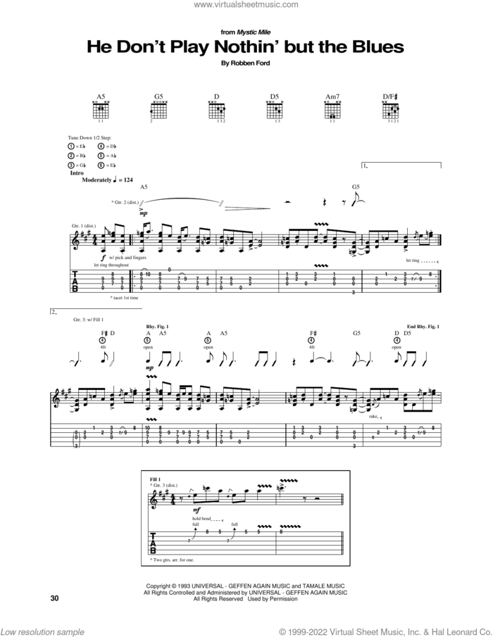 He Don't Play Nothin' But The Blues sheet music for guitar (tablature) by Robben Ford, intermediate skill level