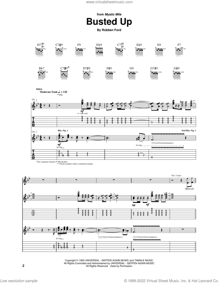 Busted Up sheet music for guitar (tablature) by Robben Ford, intermediate skill level