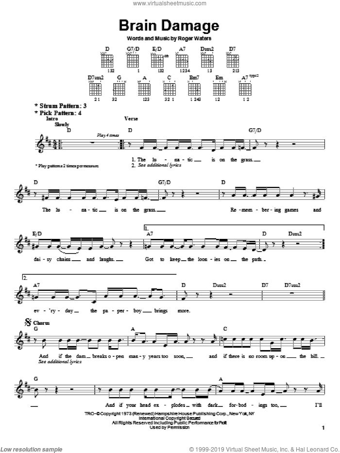 Brain Damage sheet music for guitar solo (chords) by Pink Floyd and Roger Waters, easy guitar (chords)
