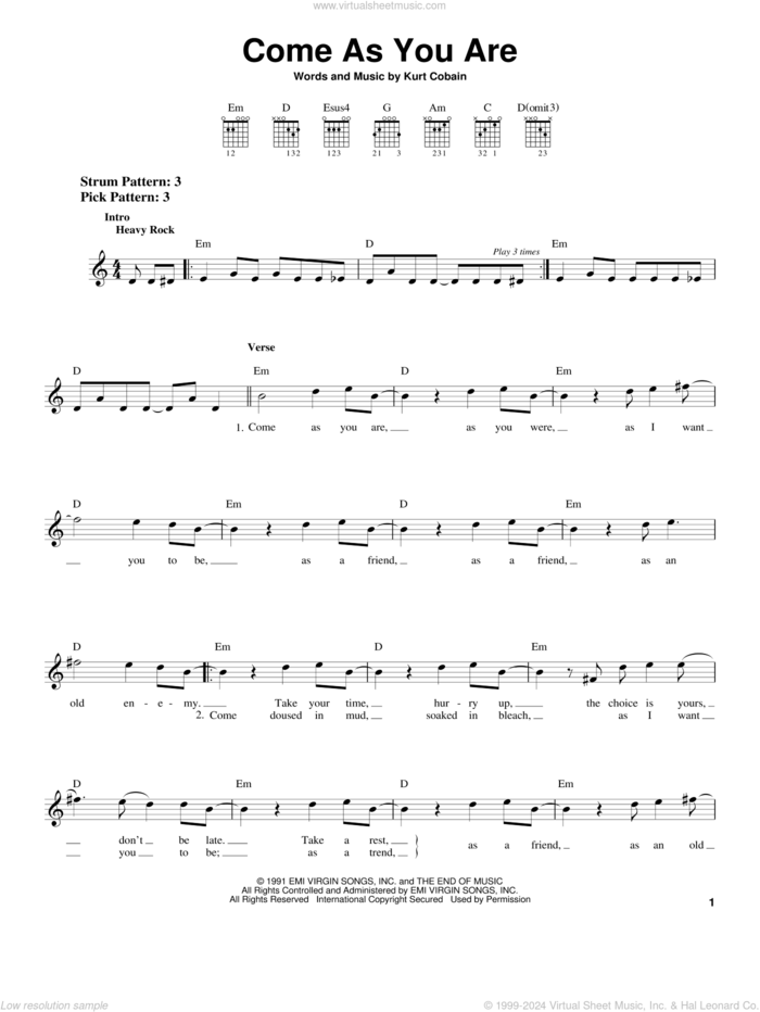 Come As You Are sheet music for guitar solo (chords) by Nirvana and Kurt Cobain, easy guitar (chords)