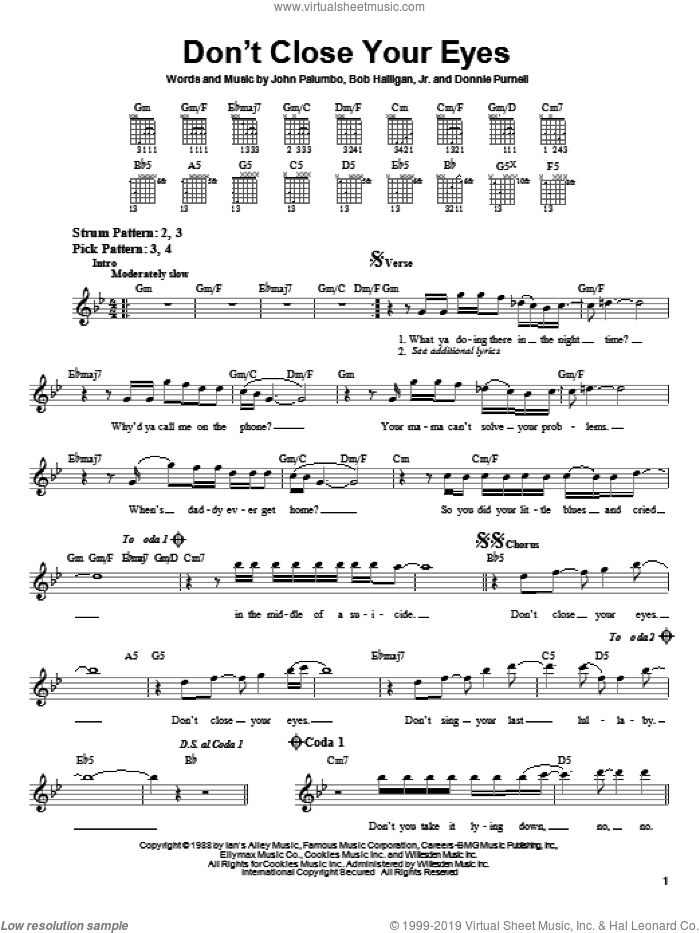 Don't Close Your Eyes sheet music for guitar solo (chords) by Kix, Bob Halligan, Jr., Donnie Purnell and John Palumbo, easy guitar (chords)