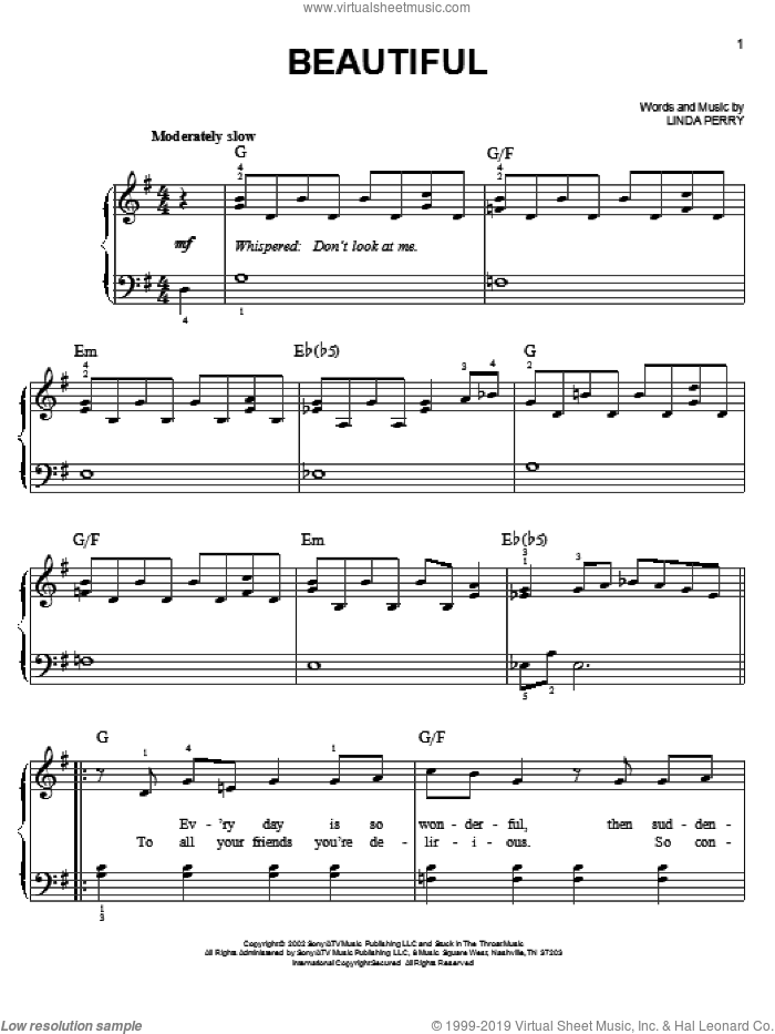 Beautiful sheet music for piano solo by Christina Aguilera, Miscellaneous and Linda Perry, easy skill level