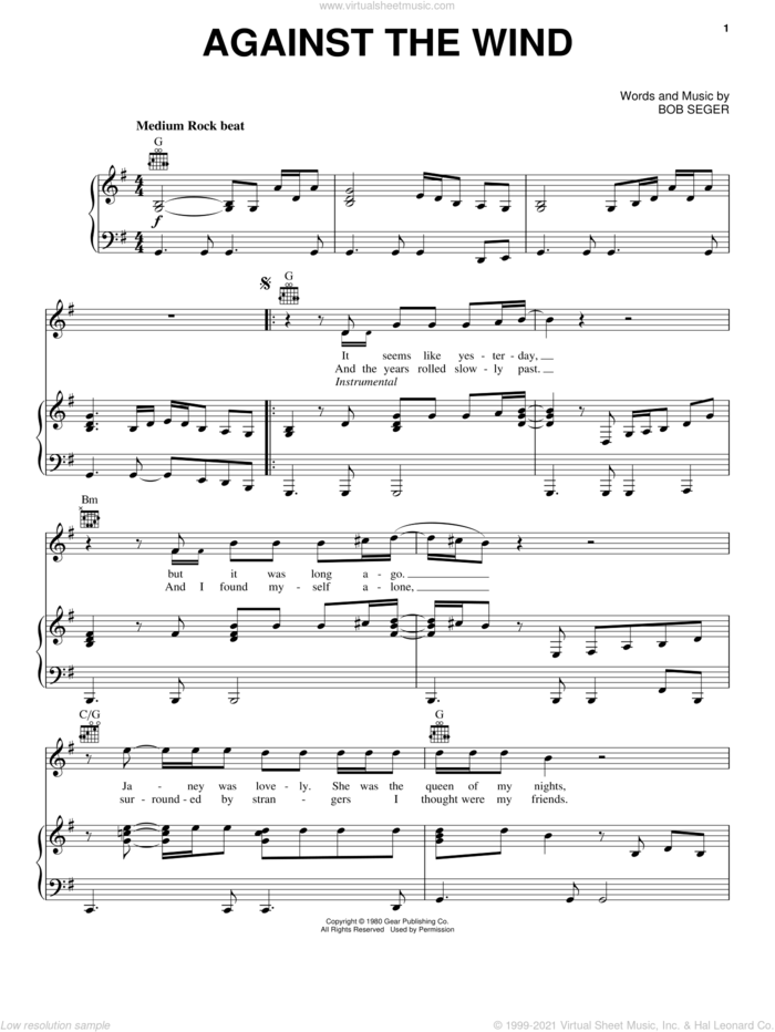 Against The Wind sheet music for voice, piano or guitar by Bob Seger and Bob Seger & The Silver Bullet Band, intermediate skill level