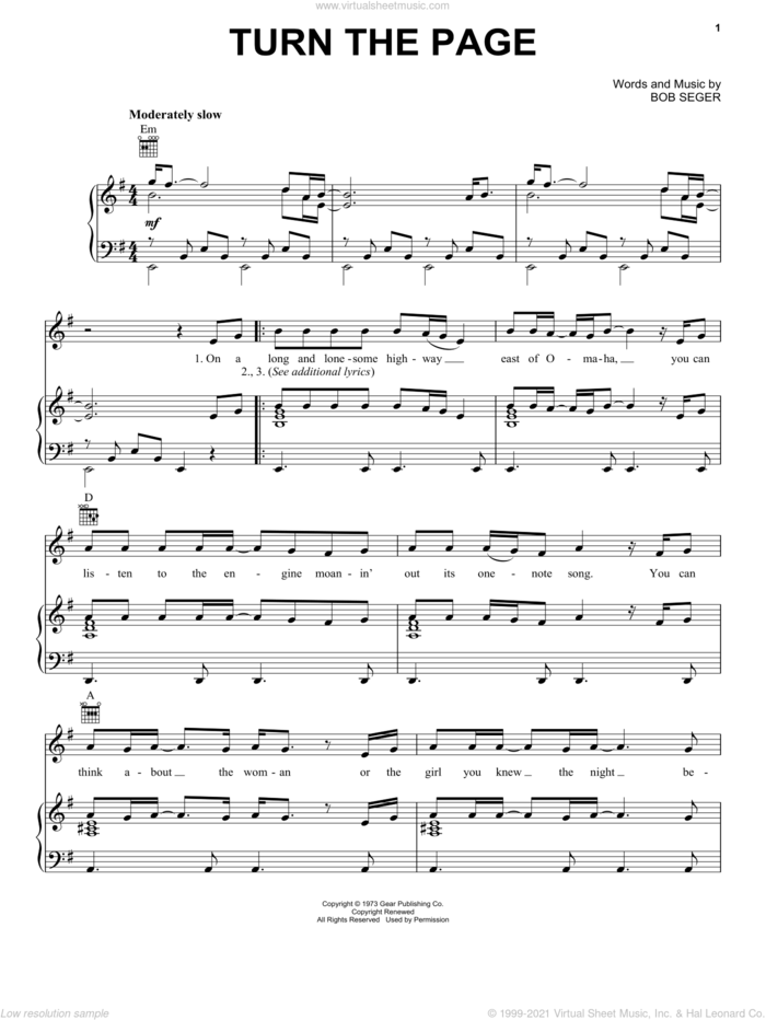 Turn The Page sheet music for voice, piano or guitar by Bob Seger and Metallica, intermediate skill level