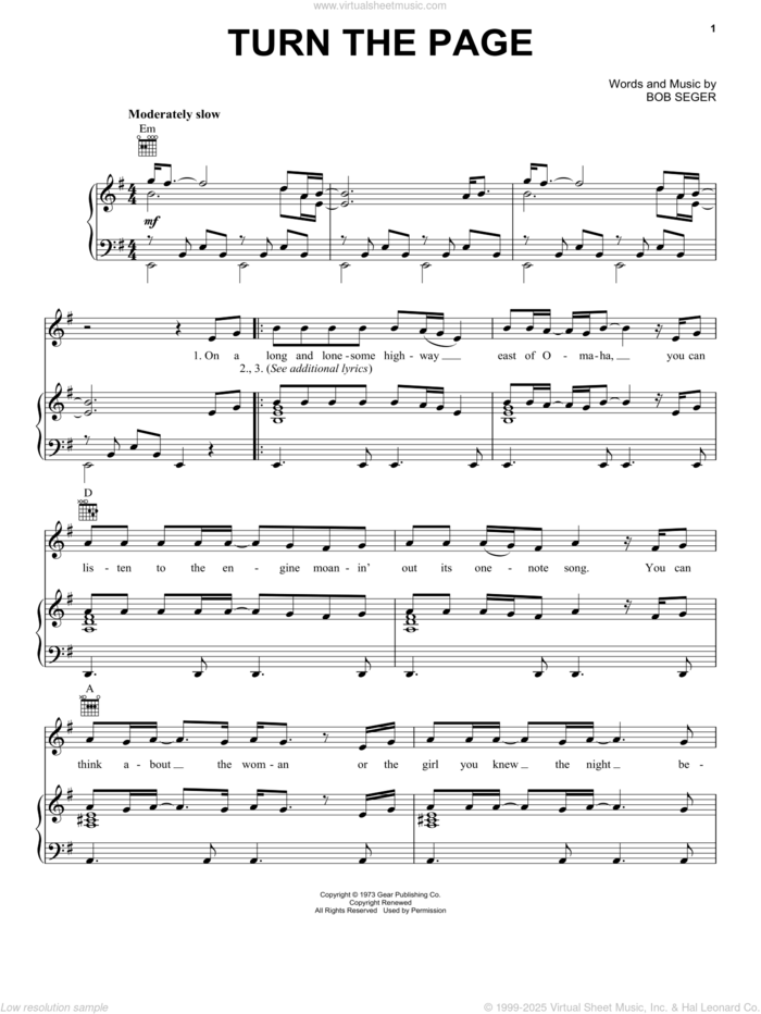 Turn The Page sheet music for voice, piano or guitar by Bob Seger and Metallica, intermediate skill level