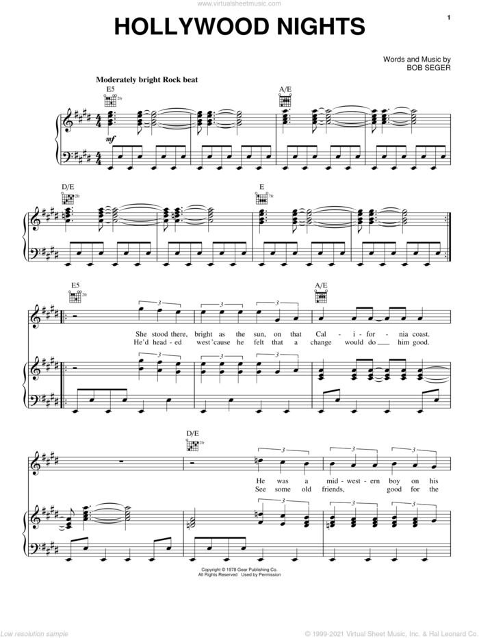 Hollywood Nights sheet music for voice, piano or guitar by Bob Seger, intermediate skill level