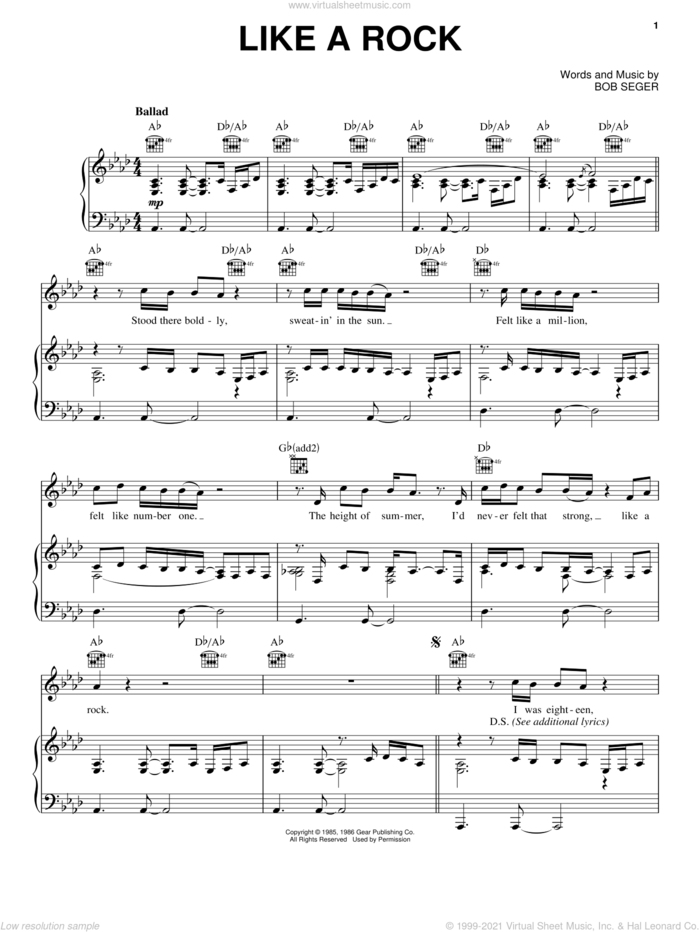 Like A Rock sheet music for voice, piano or guitar by Bob Seger, intermediate skill level