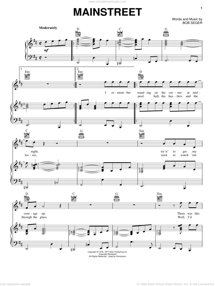 Mainstreet sheet music for voice, piano or guitar by Bob Seger, intermediate skill level