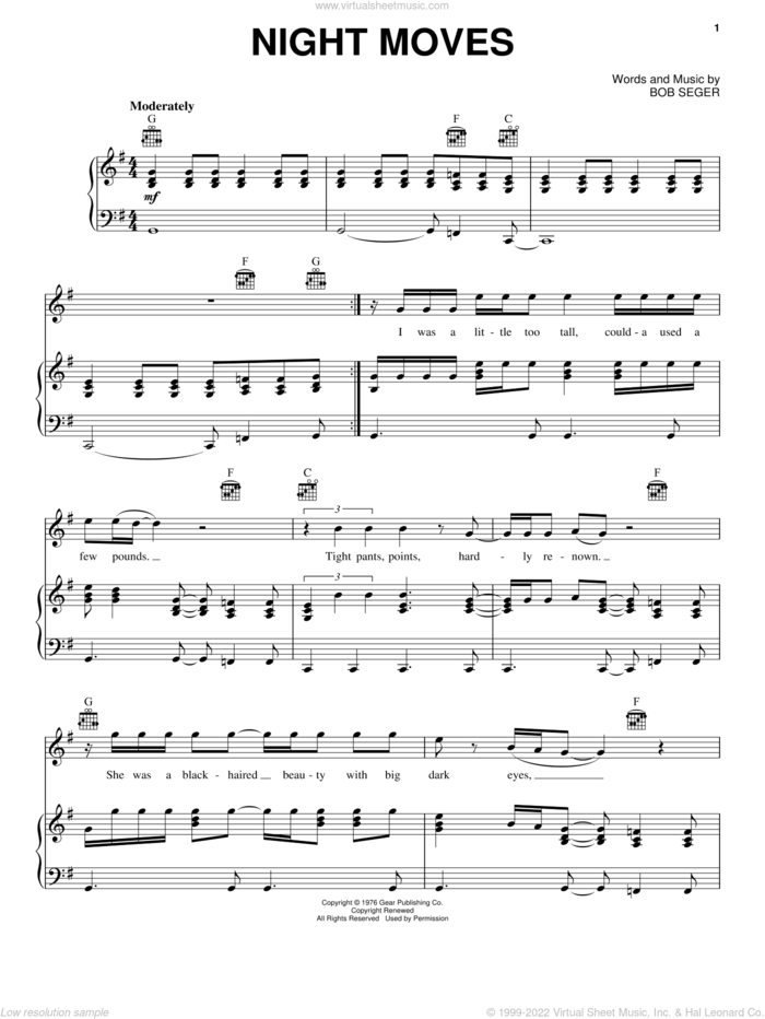 Night Moves sheet music for voice, piano or guitar by Bob Seger, intermediate skill level