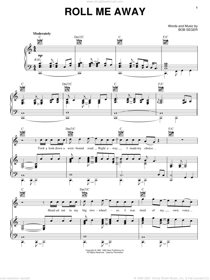 Roll Me Away sheet music for voice, piano or guitar by Bob Seger and Bob Seger & The Silver Bullet Band, intermediate skill level