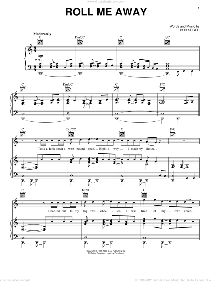 Roll Me Away sheet music for voice, piano or guitar by Bob Seger and Bob Seger & The Silver Bullet Band, intermediate skill level