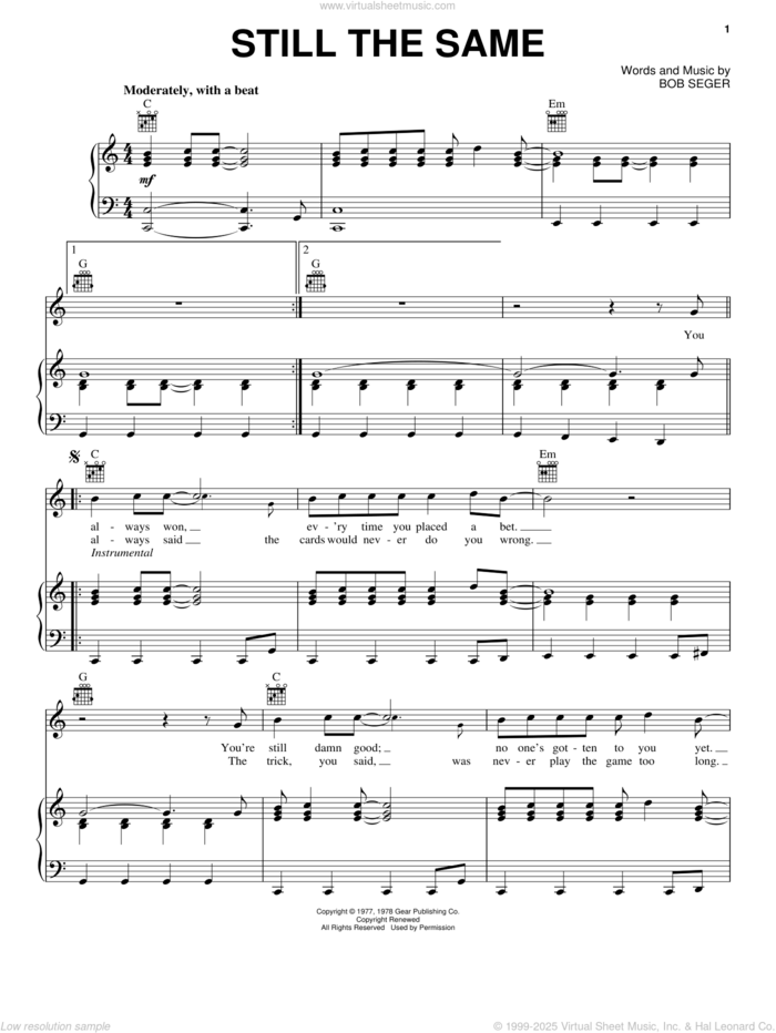 Still The Same sheet music for voice, piano or guitar by Bob Seger, intermediate skill level