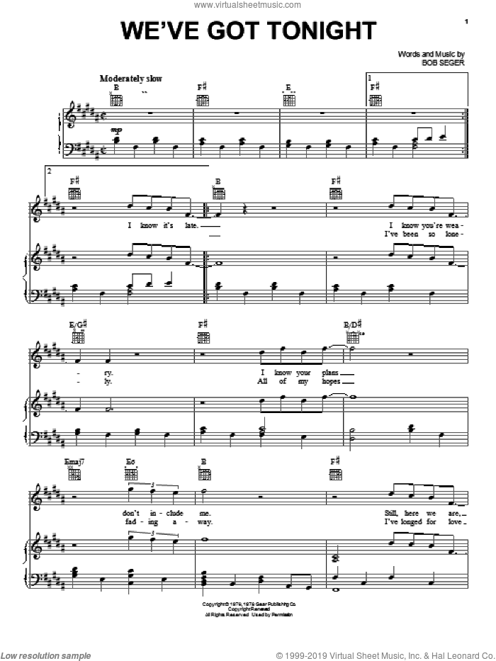 We've Got Tonight sheet music for voice, piano or guitar by Bob Seger, intermediate skill level
