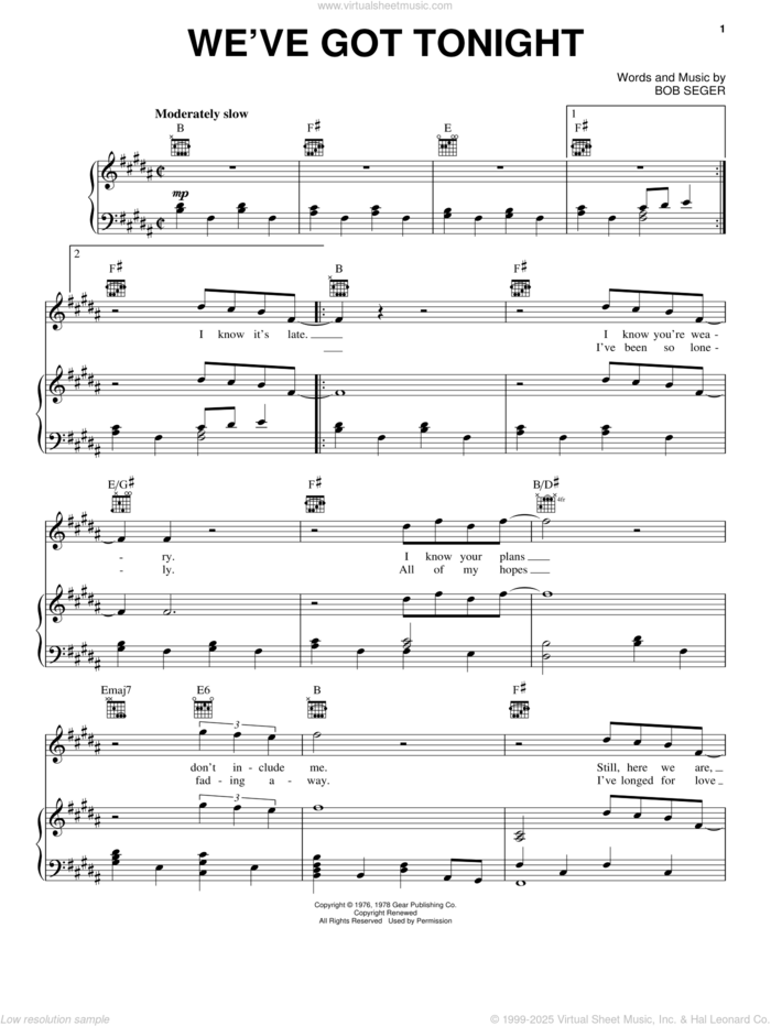 We've Got Tonight sheet music for voice, piano or guitar by Bob Seger, intermediate skill level