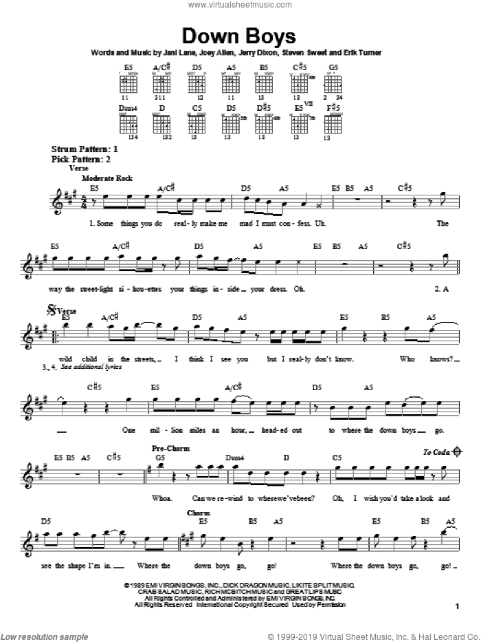 Down Boys sheet music for guitar solo (chords) by Warrant, Jani Lane, Jerry Dixon and Joey Allen, easy guitar (chords)